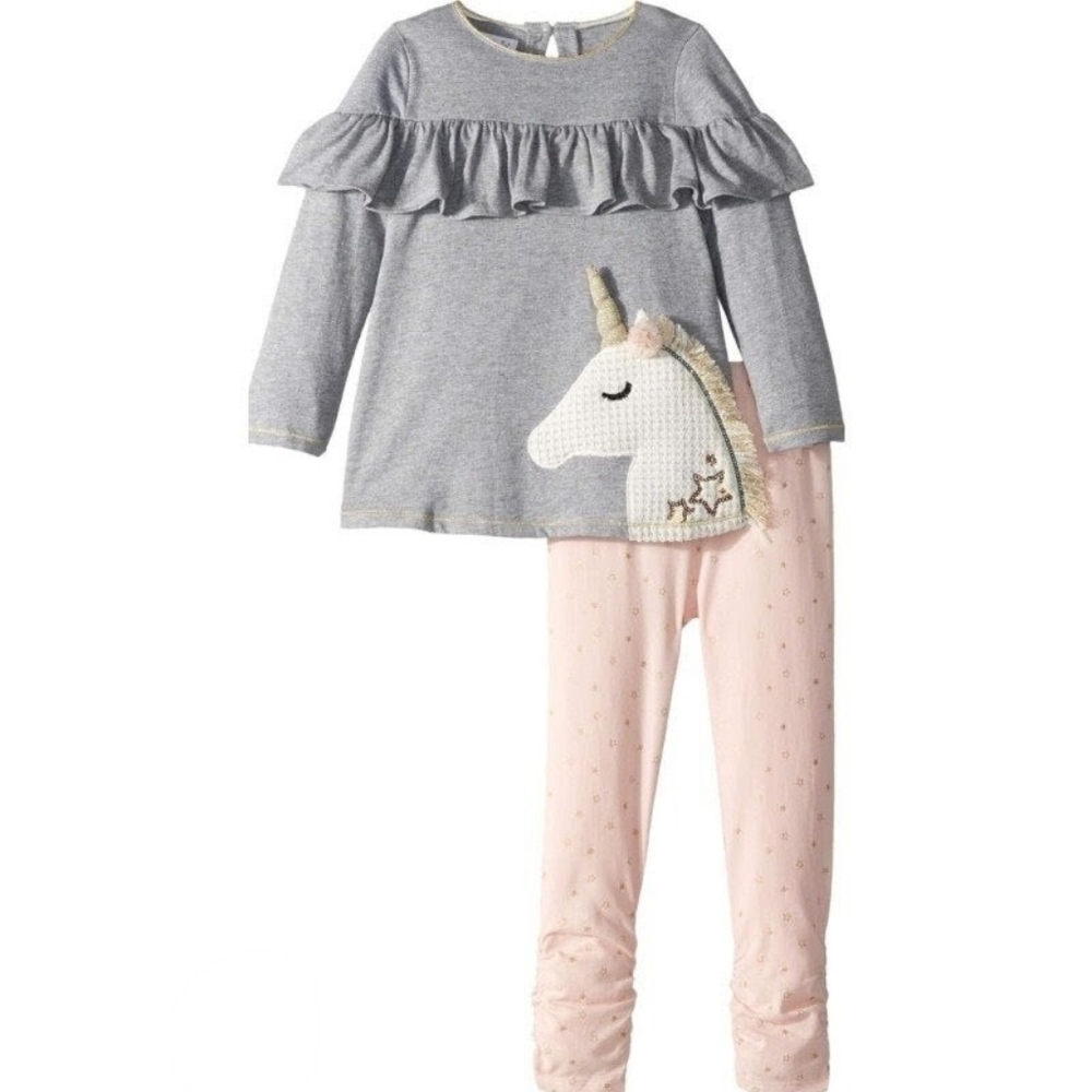 Mud Pie Gray Ruffle Unicorn Top and Pink Leggings Set Size 4T